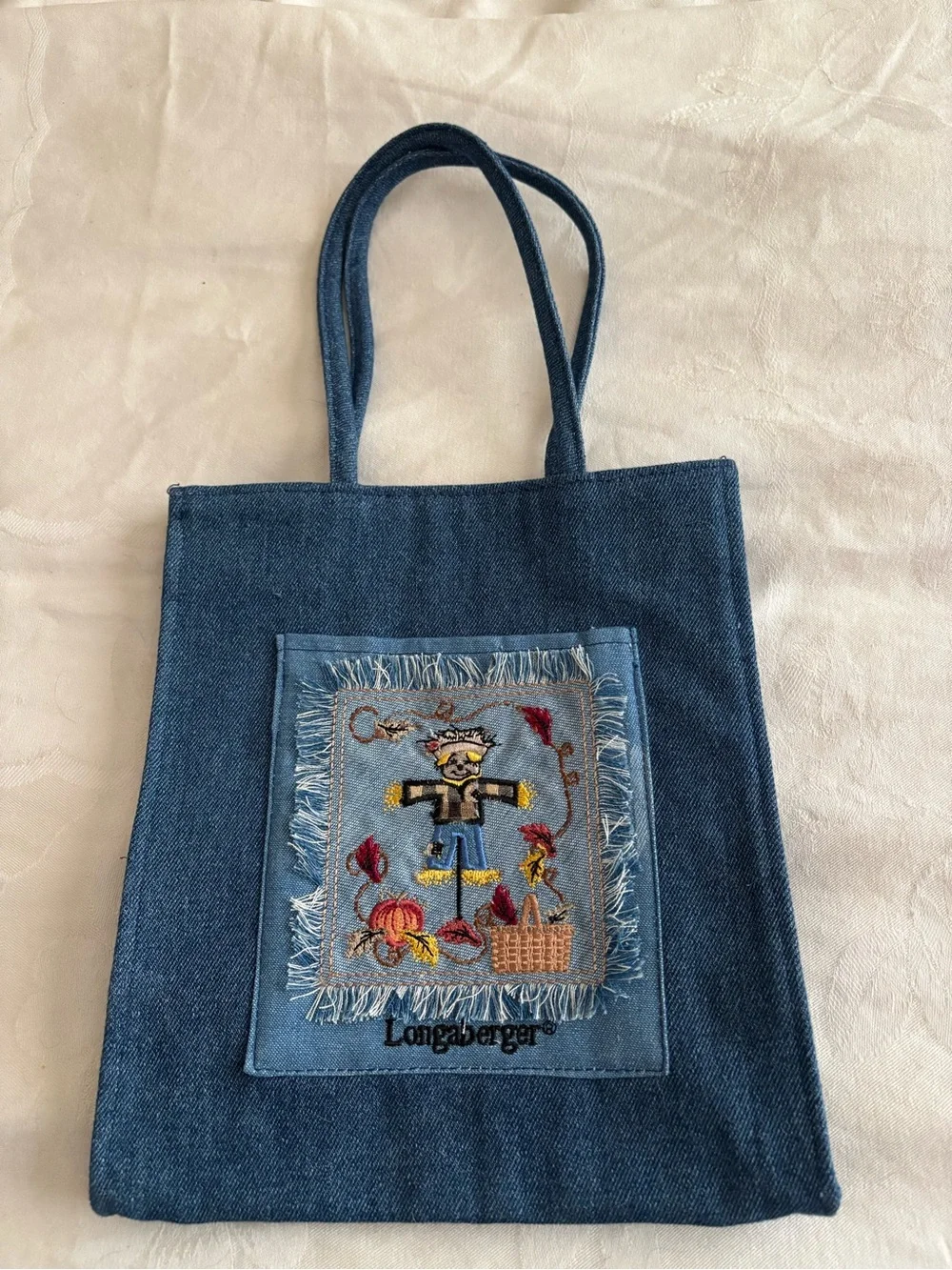 Longaberger Blue Denim Tote with Embroidered Autumn Patch